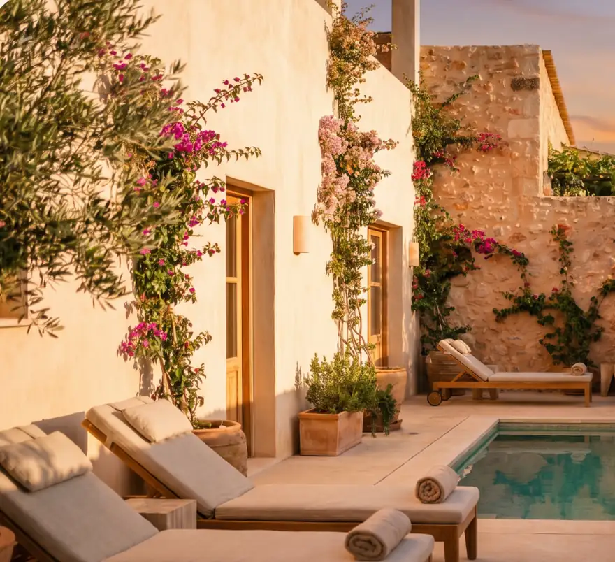 Boutique hotel courtyard with bougainvillea and a pool at sunset